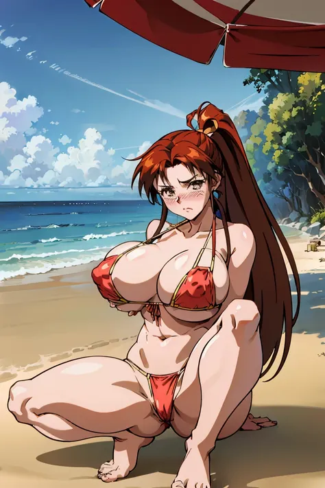 (hightquality、high-level image quality、masutepiece、4K,8K:1.1),Best Quality, High resolution, original color,1girl in,(90s anime style:1.1),(maishiranui:1),(hot onsen:1.4),(bikini of:1.4)、(Colossal tits:1.6),  (sitting on:1.2),(blush:1.4),(nose blush,embarr...