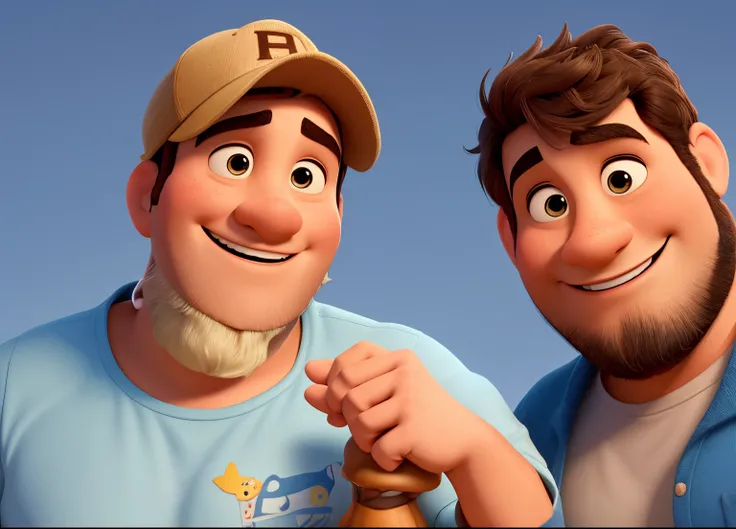 Dois homens, um de 29 anos e outro um pouco mais gordo de 38, estilo Disney pixar.