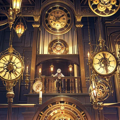 absurdres, best quality, fine detailed, 8k, no humans, Many huge colorful clocks and gears floating in a dimly lit large room, a huge karakuri clock decorated with crystal texture, gears of various sizes, clock-themed ornament, silver chain, steampunk, ray...