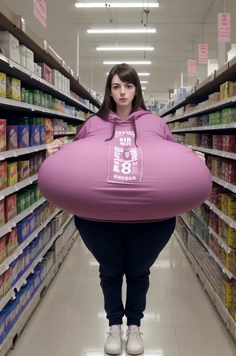 18 years old, young American girl, Anne Hathaway, (long legs:1.1), (tall:1.3), thin, slim, (very long hair:1.2), old grocery store, store shelves, sweatshirt, sweat pants, clothed, sneakers, (massive enormous gigantic colossal breasts:1.46), 8k uhd