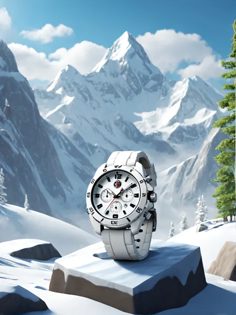 product design，poster design，very unified cg scenes，（little white tiger creative mountaineering watch），3 rendering，c4d