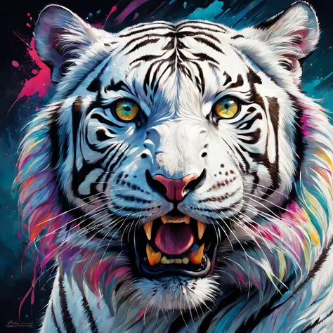 Best quality at best,ultra - detailed,actual,vivd colour,White Tiger,sportrait,illustratio,Focus sharp,Vibrant background,Delicate fur,Expressive eyes,Intense expression,Striking pose,majestic feeling,Stylized rendering,Beautiful contrast,Thick lines,Rich ...