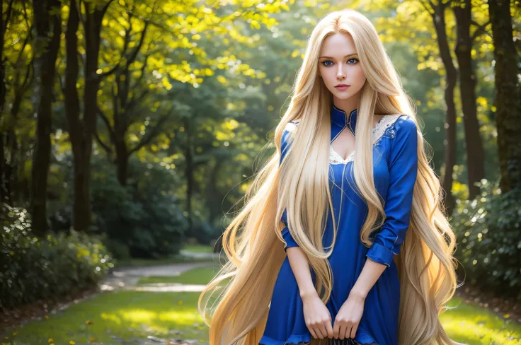 blonde with long hair and blue eyes stands in the park, long blonde hair and blue eyes, a beautiful blonde, a gorgeous blonde, s...