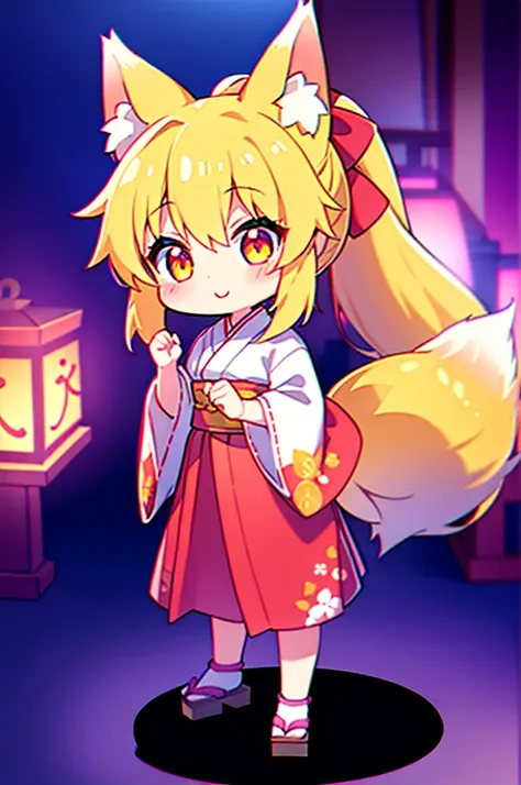 1 girl in、blonde ponytail、fox ear、fox tails、Floral kimono、foxfire、kawaii、tchibi、A shrine with hanging lanterns、Shrine background、《K.O.little boxing champion》Chara、(Highest quality high resolution)、[[tangled fingers]]