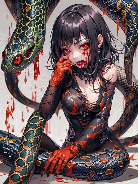 1 cute demon anime girl with electrifying eyes, big red snake eyes, her palms spread out in front of her face, blood dripping fr...