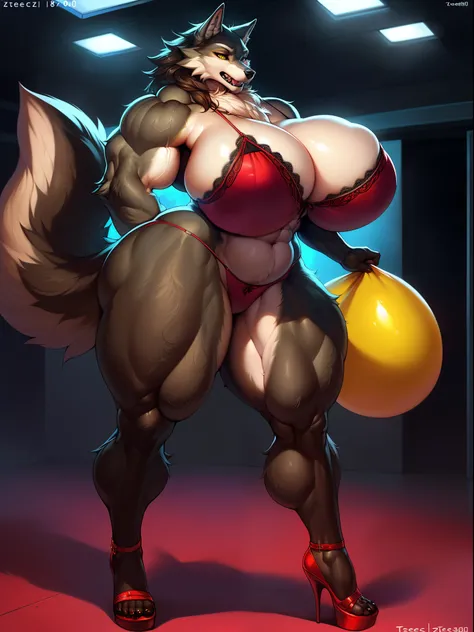 working as a bouncer, bouncer at a night club, bouncer outfit, nice suit, tie, (mean expression, stern, perfect posture, stern pose), short hair, random hair color, wolf, random eye color, (pleaser clear heels  muscular girl Cute Female , muscular massive ...