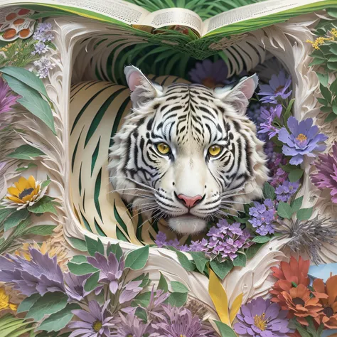 White Tiger,Delicate fur,yellow eyes.(pop up book:1.5),(Paper Cuttings style):(green woods,Red maple,Purple flowers),(Best quality,4K,8K,A high resolution,tmasterpiece:1.2),ultra - detailed,(actual,realistically,realisticlying:1.37) #Marine art #pop up boo...