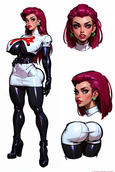 ((masterpiece)),(((best quality))),((character design sheet)), Pokémon character Jessie, (team rocket uniform) ((Jessie)), ((side body view))  mature face, (red violet hair),((perfect eyes:1.4)),  (thigh high black boots:1.3), (slicked back hair), defined ...