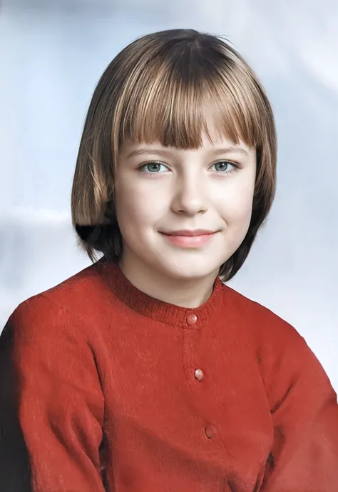 Menina de 9 anos com cabelo castanho loiro, justo_pele, (olhos castanhos:1.1), red knitted blouse, gola de blusa em relevo, blouse with 3 buttons, fundo de cor branco e azul