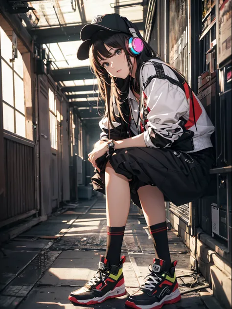 Put on headphones、Dressed in hip-hop style、90s style、cinematric light, Cinema Shadow, Sharp Image, Extremely detailed,、beautiful effects,  Highly detailed image textures,   , Highly detailed image textures,Photo from the knee up