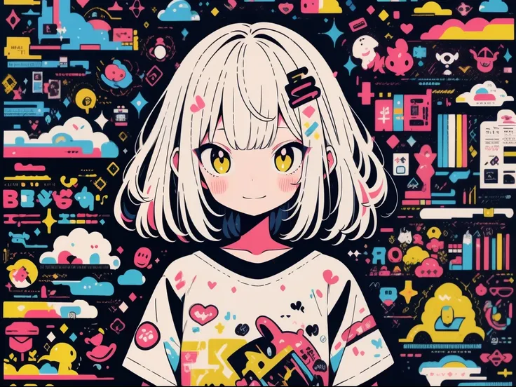 high qulity、Neon Core Palette、High level of image quality、kawaii girl、Unprecedented number of draws、style of anime、Background with scrolls and letters、Sticker style、short detailed hair、White hair、Brown eyes, messy  hair, To death, titles, baggy clothes, Lo...