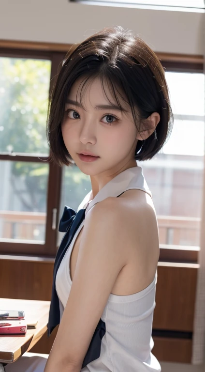 short detailed hair、bluntbangs、Bad laughs、(((high school senior)))，Wear the school uniform，Selfie in classroom with background，Realistic skin texture，Normal face details，Requires body proportion and structural coordination，high detal、Verism、cinmatic lighti...