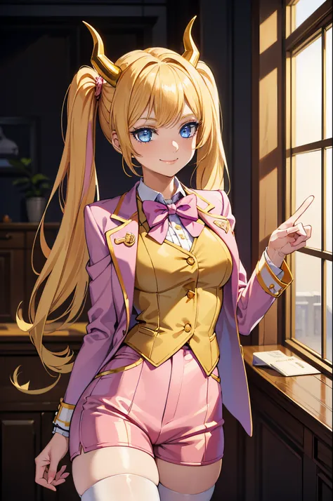 Safe for work, masterpiece, best quality, solo, 1 girl,  cute girl, wholesome girl, (young female body:1.4), ( medium breasts), cowboy shot, cocky smile, light blue eyes, yellow golden hair, extra long blonde hair, hime cut, low pigtails, rich girl vibes, ...