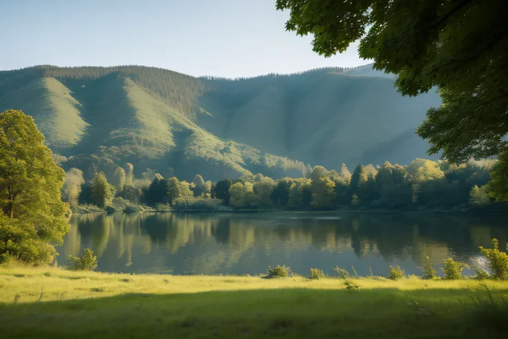 lake scene, forest foreground with hills in background