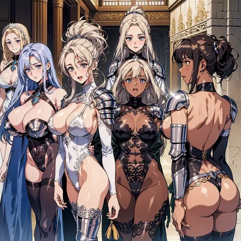 (masterpiece), maximum quality, (intricate high detailed body:1.5), (4 girls, group shot:1.4), (slim body:1.1), (huge tits:1.5), (dark skin:1.1), (muscles:1.1), blonde hair, silver hair, twin tails, braid, forehead, (open mouth, happy smile:1.1), (wink:1.2...