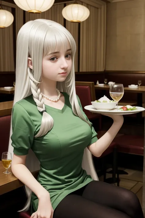 18 years old, young Russian girl, Milana Vayntrub, thin, slim, (tall:1.3), (very long hair:1.3), restaurant, seated at table, pale green scoop neck blouse, thin pearl necklace, 8k uhd, 1 girl, (massive enormous gigantic colossal breasts:0.9)