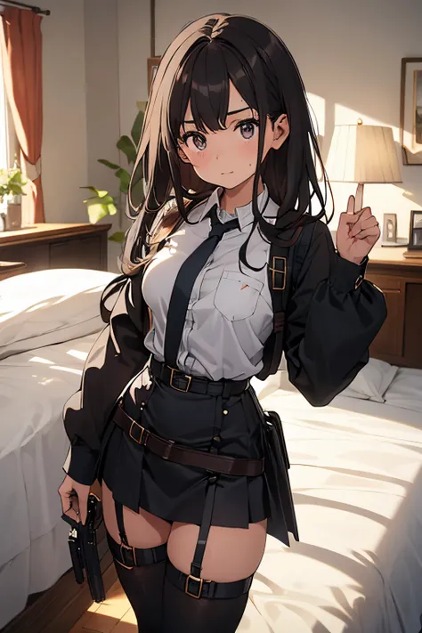 ​masterpiece、flat-colors、depth of fields、lens flare 1 girl、、Brown hair、watching at viewers　　　black suspenders　　　Bulging big breasts　　 　 　　　walls: 　Black miniskirt　garters　　　　　　Gaze　　　Small face　bangss 　　　holster　　Belt Armament　Beautuful Women　srestrained　h...