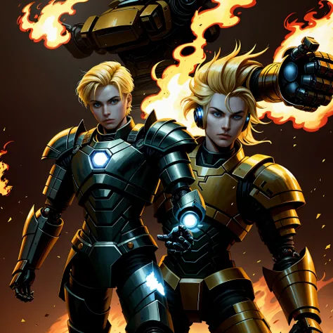 Blonde boy holding fire and wearing armor with a robot friend