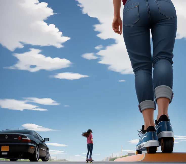 there is a woman standing on a skateboard in front of a car, standingd, anime , low perspective, low view, low detailed.