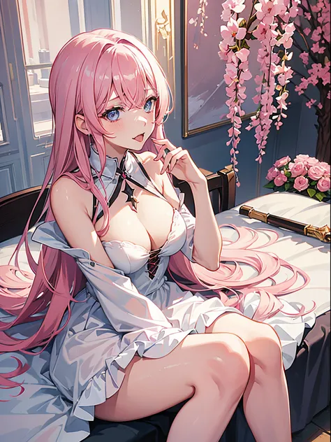 1 girl，Best quality, tmasterpiece, Long pink hair, blueneyes, Visually inspect the audience, Mouth sticking out tongue，The face is slightly red，is shy，full bodyesbian，adolable，Lori huge breasts cleavage，white dresses，sitting on his knees on the bed