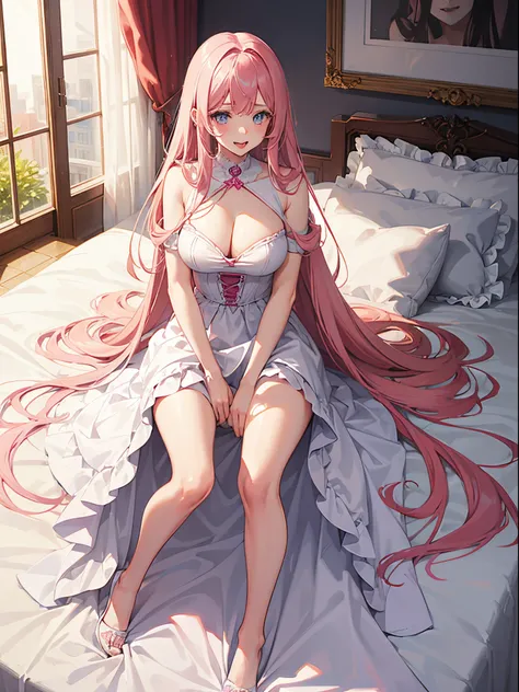 1 girl，Best quality, tmasterpiece, Long pink hair, blueneyes, Visually inspect the audience, Mouth sticking out tongue，The face is slightly red，is shy，full bodyesbian，adolable，Lori huge breasts cleavage，white dresses，sitting on his knees on the bed