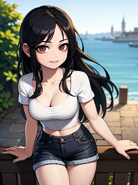 1 girl,(black hair semi-long)(beautiful hair), actress, smile, shiny skin, best quality, masterpiece, (photorealistic:1.4), terrace seating, Europe, France, Paris, denim mini skirt (realistic fabric), white short sleeves (cotton fabric), (no logo), thin fi...