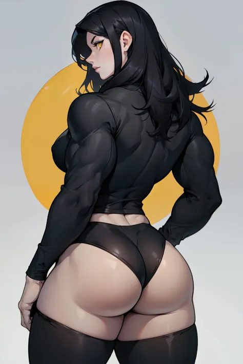 girl 1girl pale skin muscular (huge ass) toned body thick thighs black hair yellow eyes long hair grey background bodybuilder from behind black leggings tight long sleeve black t-shirt