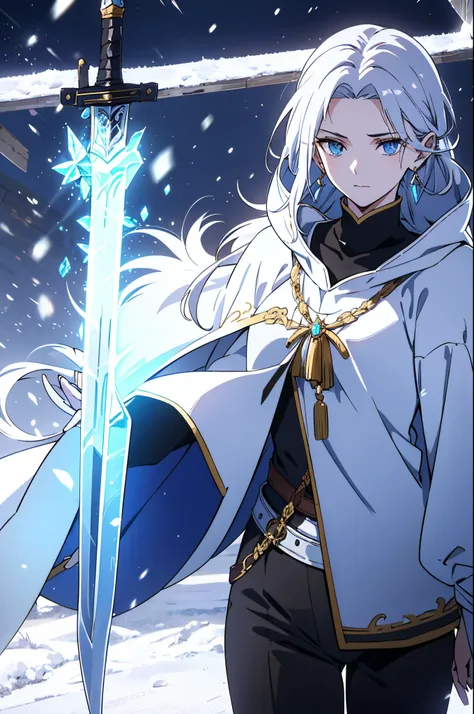 It was medieval, a woman, young, 19 years old, swordsman, long white hair, skin as white as snow, cold eyes, blue eyes like crystal, black sweater and pants, adventurer, white cape, crystal sword, earring in her ear.