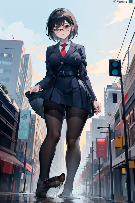 giantess art, a hyperrealistic schoolgirl, , highly detailed giantess shot, der riese, Shorthair, Black pantyhose, Giant high school girl much bigger than a skyscraper。Wearing rimless glasses。Colossal tits。Navy blue blazer、Red tie、Mini Length Skirt、Black p...