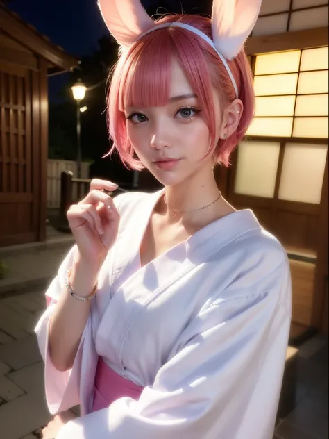 Pink short-cut hair、White yukata