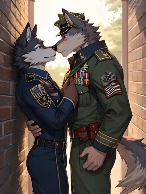 wolf ,masculine ,Black feathers ,Wearing an American soldier&#39;s uniform , Stand against the wall. , Another wolf kissed his lips shyly.