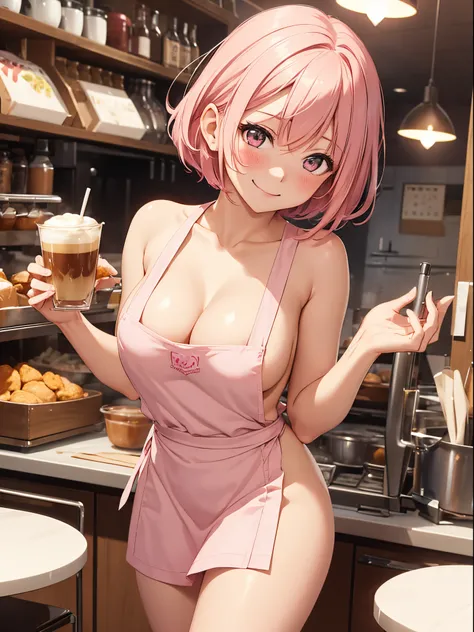 1girl, solo, nakano ichika, pink short hair, (naked:1.3), (white apron), large breasts, cleavage, thighs, cafe background, (blushing:1.2), smiling