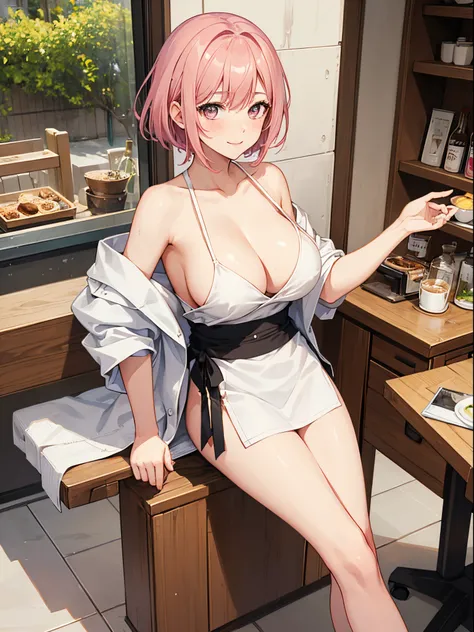 1girl, solo, nakano ichika, pink short hair, (naked:1.3), (white apron), large breasts, cleavage, thighs, cafe background, (blushing:1.2), smiling