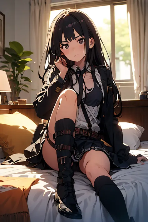 ​masterpiece、flat-colors、depth of fields、lens flare 1 girl、、Brown hair、watching at viewers　　　black suspenders　　　Bulging big breasts　　 　 　　　walls: 　Black miniskirt　garters　　　　　　Gaze　　　Small face　bangss 　　　holster　　Belt Armament　Beautuful Women　srestrained　h...