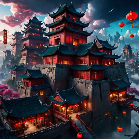 Village view，There are many lights on the building,colours (Fantastical: 1.2), (Cyberpunk ancient Chinese castle,), (Irregular red buildings float in the clouds), Patchwork cottage, floral ornament, Lamp light, Chinese city, (sky cities), ross tran, axes, ...