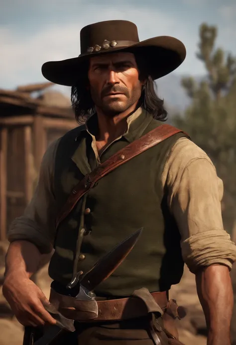 A picture of John sharpening his hunting knife with precision.,Red Dead Redemption,A man with shoulder-length black hair he has swept back. Black stubble. Mid-thirties. Half of his face has claw mark scars. , male