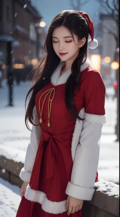 (Aesthetic, High Resolution: 1.2), full-body portrait of a beautiful 20-year-old woman wearing an intricately detailed red boby Santa Claus costume, symmetrical costume structure, clear eyes bright, happy smile, changed hairstyle, snow is falling, snow in ...