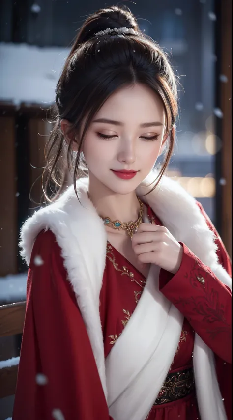 (Aesthetic, High Resolution: 1.2), full-body portrait of a beautiful 20-year-old woman wearing an intricately detailed red boby Santa Claus costume, symmetrical costume structure, clear eyes bright, happy smile, changed hairstyle, snow is falling, snow in ...