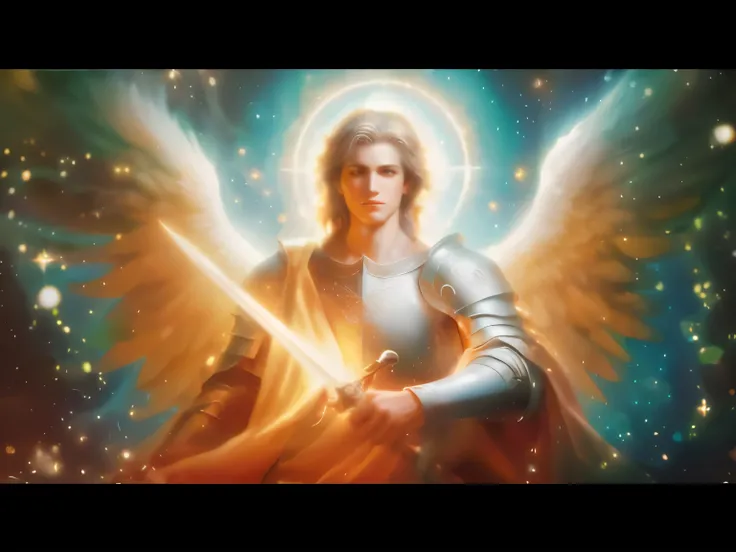 a painting of an angel holding a sword in the sky, Arcanjo Miguel, saint michael the angel, arcanjo, angel spirit guide, de anjo lindo, cheio de pinturas de anjos, gold gates of heaven!!!!!!!!, Ethereal Angelic Being of Light, Um Anjo da Luz do Amanhecer, ...