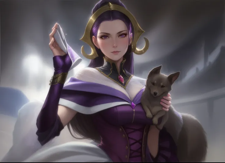 a close up of a woman in a purple dress holding a dog, liliana vess, aly fell and artgerm, magic the gathering sorceress, dark fantasy female magician, stanely artgerm, portrait of a sorceress, artgerm julie bell beeple, portrait of a female mage, tom bags...