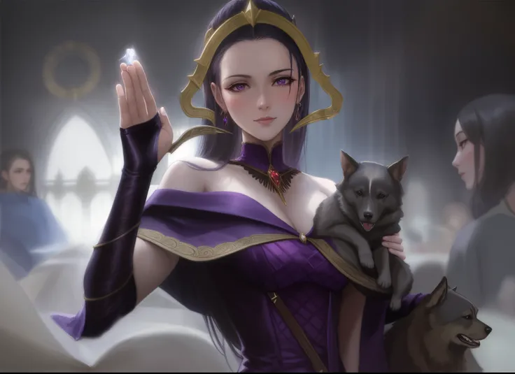 a close up of a woman in a purple dress holding a dog, liliana vess, aly fell and artgerm, magic the gathering sorceress, dark fantasy female magician, stanely artgerm, portrait of a sorceress, artgerm julie bell beeple, portrait of a female mage, tom bags...