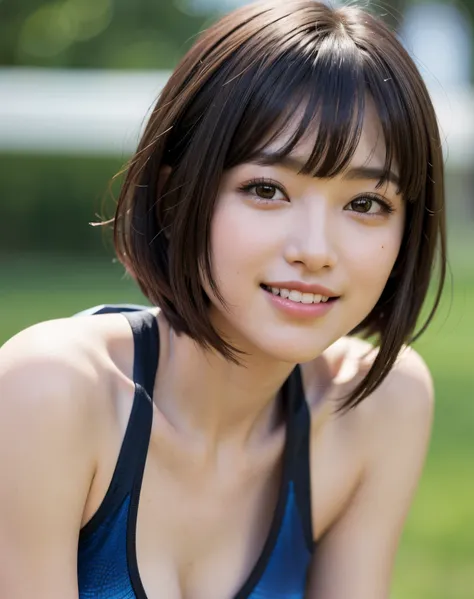 zydG, 1girl, detailed skin, looking at viewer, brown eyes, (short hair with bangs:1.2), (large breasts:1.0), (large areolae:0.8), parted lips, teeth, smile, (face focus:1.4), close shot, 
(photorealistic:1.4), (best quality:1.0), (ultra highres:1.0), 8k, R...