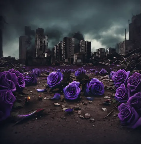 purple roses are scattered on the ground in front of a city, em uma paisagem urbana arruinada, city is pure wasteland, Cidade do Futuro Roxo, em uma cidade deserta, Tema Campo de batalha violeta, apocalyptic city backround, in postapocalypse city, dramatic...