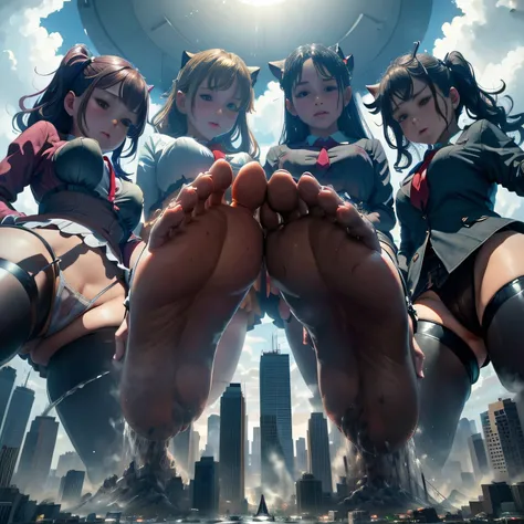 Multiple girls, giantess art, a hyperrealistic schoolgirl, , highly detailed giantess shot, der riese, Shorthair, Black pantyhose, Giant high school girl much bigger than a skyscraper。Wearing rimless glasses。Colossal tits。Navy blue blazer、Red tie、Mini Leng...