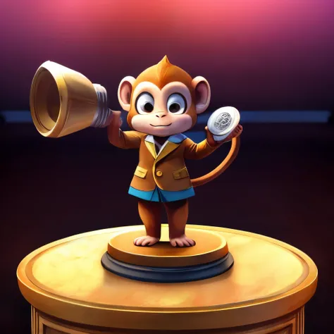 small cute monkey, animal, spokesperson, holding a megaphone, on a pedestal,  speaking to a crowd, clear background, masterpiece, no-human