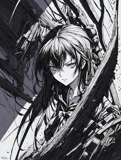 v5lcn style,ink art,(best quality,masutepiece:1.2),(black and white comic core:1.1),(linear art_anime),(extreme high contrast),d...