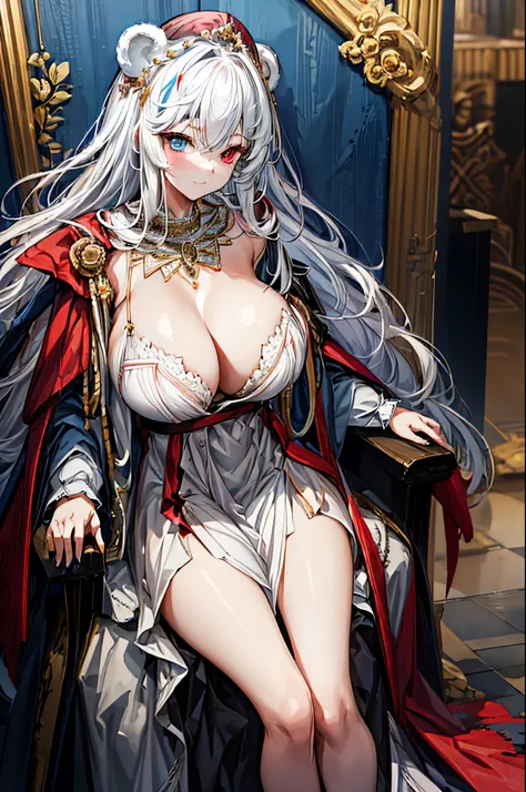 Empress, revealing dress, revealing breast, ((heterochromia)), ((red left eye)), ((blue right eye)), Dominant,arknights,Rosa (arknight),White bear ears, polar bear girl,heterochromia,Queen,Large breast,Official art,LONG hair,Looking at viewer,teasing, thro...