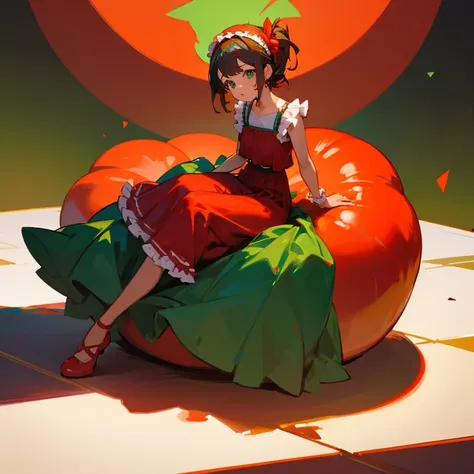 A girl is sitting on a big tomato　red dress with frills　Green headband