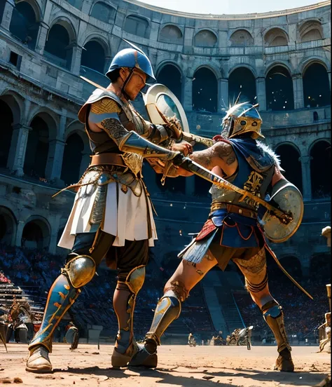 Gladiator tattoo with sword and shield fighting another warrior and the other soldier&#39;s head being cut off and they inside the coliseum