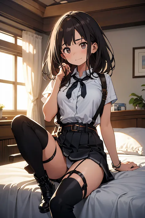 ​masterpiece、flat-colors、depth of fields、lens flare 1 girl、、Brown hair、watching at viewers　　　black suspenders　　　Bulging big breasts　　 　 　　　walls: 　Black miniskirt　garters　　　　　　Gaze　　　Small face　bangss 　　　holster　　Belt Armament　Beautuful Women　srestrained　h...